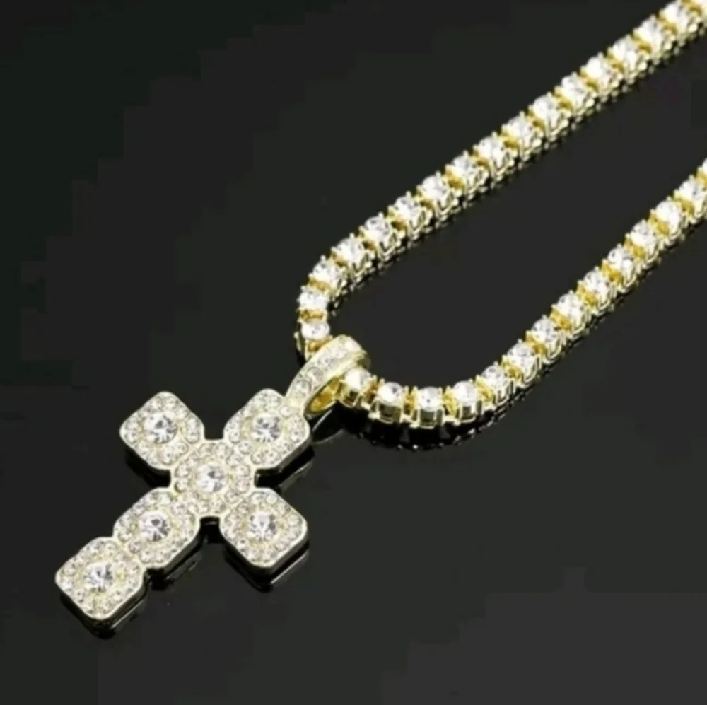 14k Yellow Gold Plated Lab Created Diamond Cross Pendant Tennis Necklace